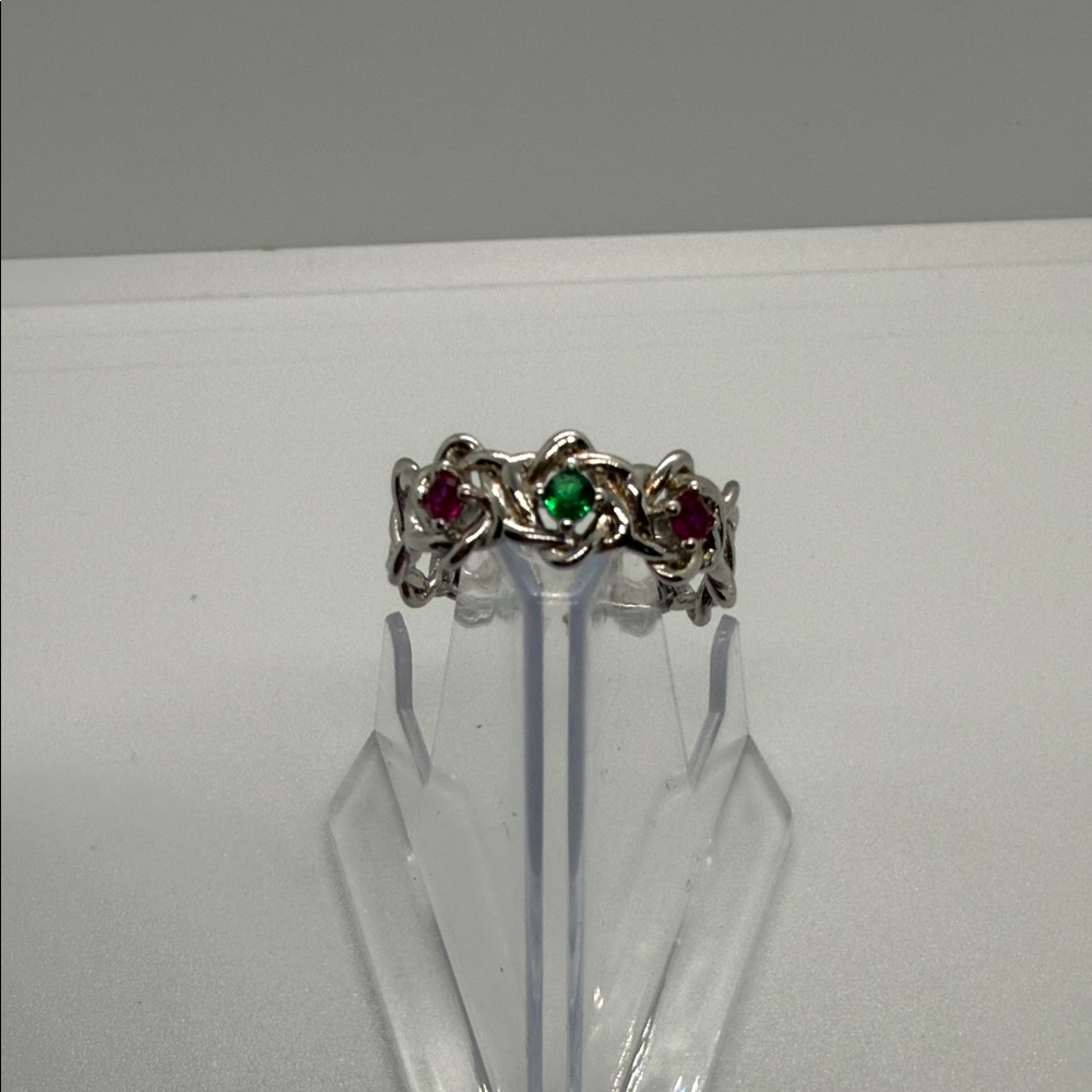 Silver Ring with green Diopside and pink Topaz